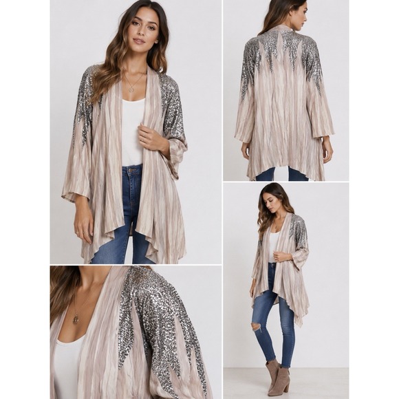 Haute Hippie Tops - Haute Hippie Tribe Sequin Shoulder Open Front Duster Cardigan Taupe XS Boho